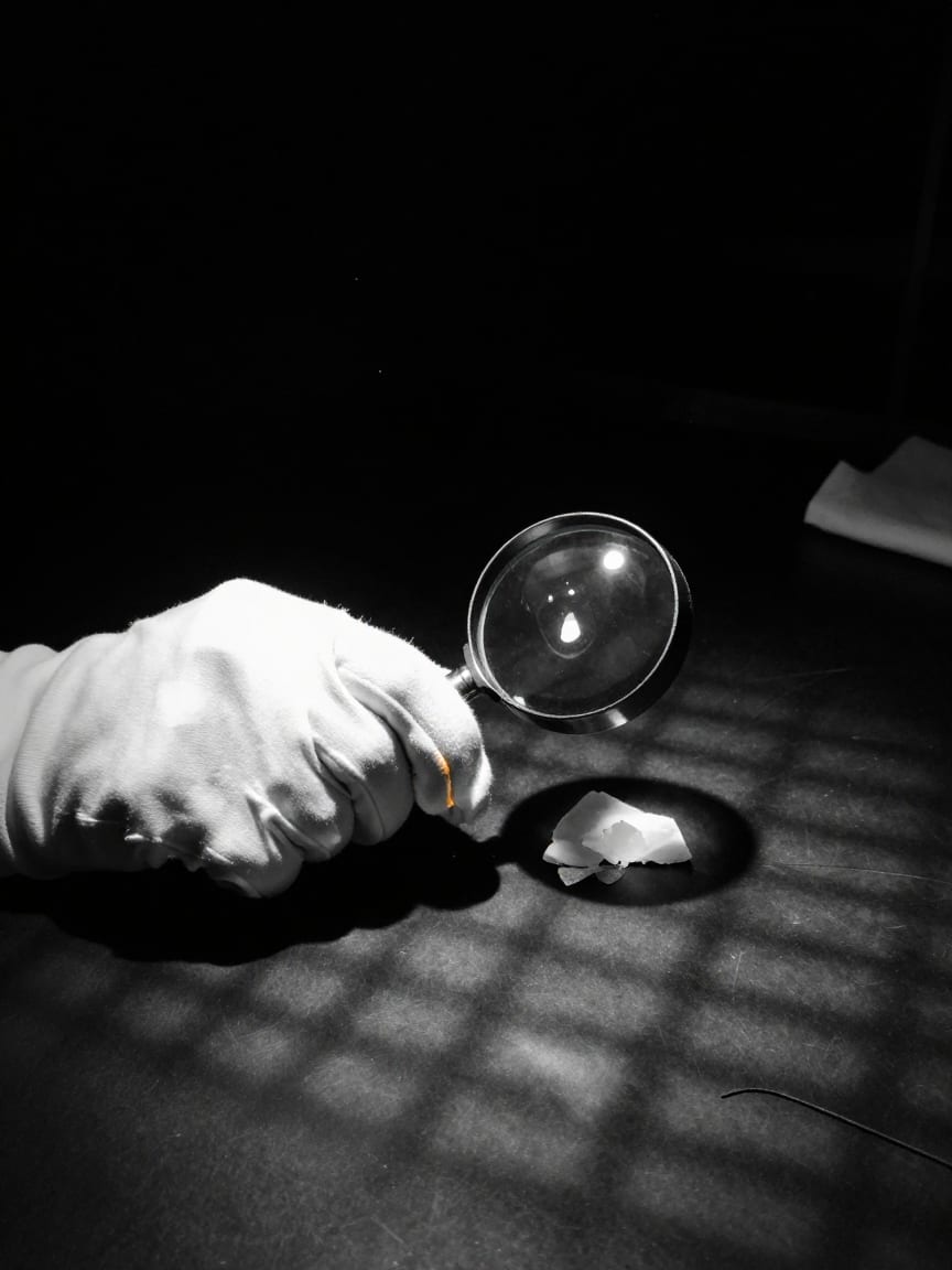 Gloved hands holding a loupe over a fragment